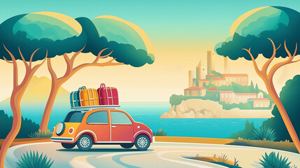 Scenic coastal drive with colorful car and luggage near a coastal village at sunset