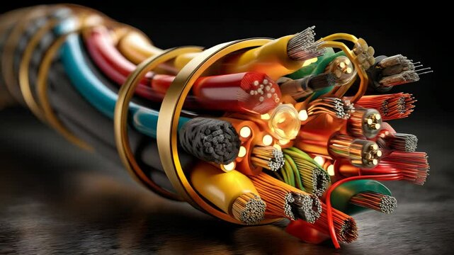 Fiber optic cable bundle with multiple color coded wires, wrapped in protective layer with interior filaments and conductors on dark backdrop