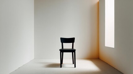 Fototapeta premium Single black chair in an empty room with white walls and floor. the chair is facing towards the right side of the image and is positioned in the center of the room.