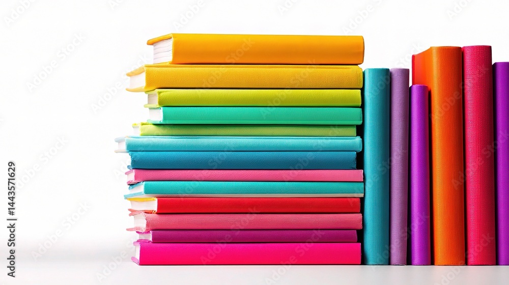 Poster colorful stacked notebooks displaying vibrant textures and designs