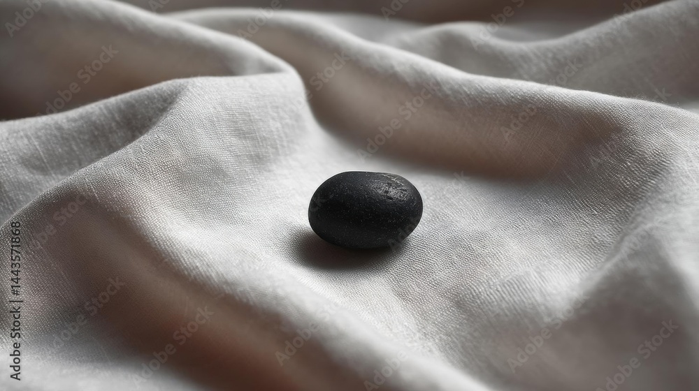 Poster close-up of a single black stone resting on a white fabric. the stone appears to be smooth and shiny