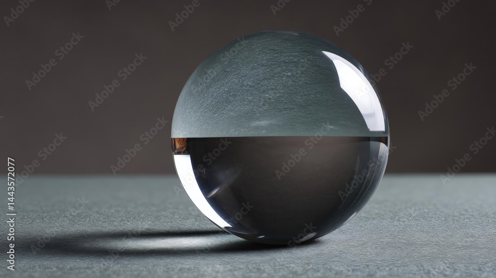 Poster close-up of a spherical object on a grey surface. the object appears to be made of glass or a simila