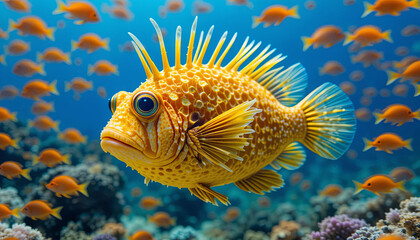 A bright yellow fish with spiky fins glides gracefully through a lively coral reef, surrounded by numerous small orange fish. The vibrant underwater scene showcases rich marine life