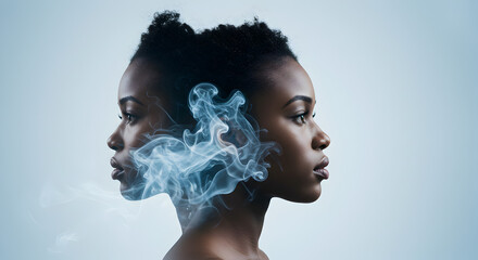 Striking Double Exposure Portrait of an African American Woman with Ethereal Smoke on a Gradient Blue Background