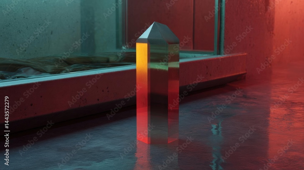 Poster tall, cylindrical object standing on a concrete floor in front of a window. the object appears to be