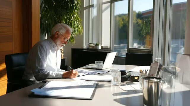 An older worker overlooked during a team meeting in bright office