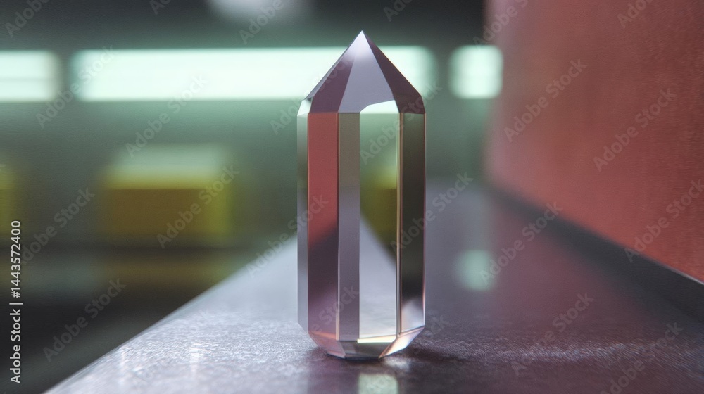 Poster crystal point on a wooden surface. the crystal is made of clear glass and has a triangular shape wit