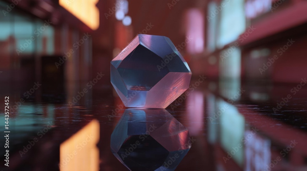 Poster 3d rendering of a crystal ball on a reflective surface. the crystal ball is in the shape of a hexago