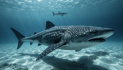 A large whale shark gracefully swims near the ocean floor, showcasing its unique patterns. Sunlight filters through the surface, illuminating the aquatic scene and creating a serene environment