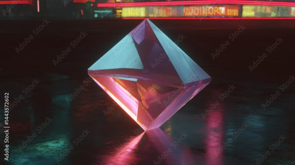 Poster 3d rendering of a diamond-shaped object in the center of a dark room. the diamond is made up of mult