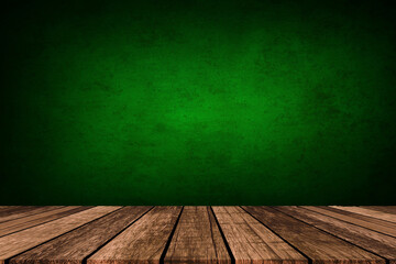 Wood table green wall background with sunlight window create leaf shadow on wall with blur indoor green plant foreground.panoramic banner mockup for display of product.eco friendly interior concept