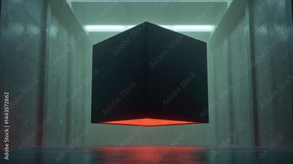 Poster 3d rendering of a cube-shaped light fixture hanging from the ceiling in a dimly lit room. the light 