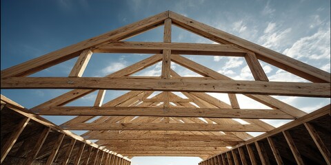 Unfinished Roof Trusses Construction Framework Open Sky Backdrop Building Structure Detail Carpentry Project Timber Support System Architectural Design Element Housing Development Progress
