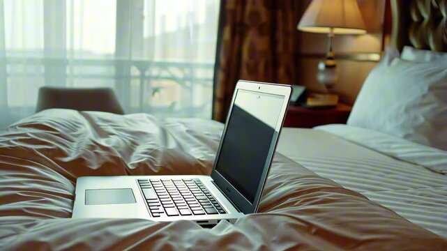 Open laptop placed on rumpled white blanket in cozy hotel room with warm lamp light and soft curtains. Concept of mobile work in comfort