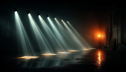 empty stage whit 6 stage lights on top. The lights pointing at the ground 