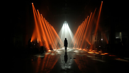 stage with one person in the middle and red and withe light on the stage. band Equipment on the side of the stage.
