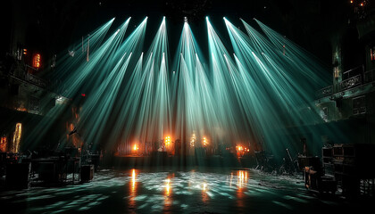 empty stage with blue lights on the top on it
and red light in the background. underground stage