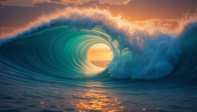 A vibrant ocean wave curls into a perfect tube as the sun sets, illuminating the water in shades of blue and gold. The tranquil sea complements the stunning sky colors