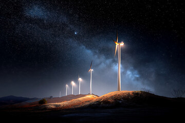 Night scene of illuminated wind turbines on a ridge, starry sky above