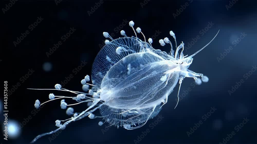 Poster Transparent aquatic organism with bulbous appendages floats in deep water with bioluminescence showing intricate structures.