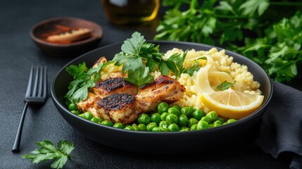 Bowl with grilled meat couscous peas and lemon healthy eating recipe