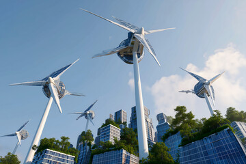 Futuristic wind turbines in a smart eco-city
