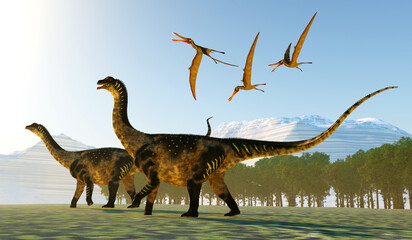 Antarctosaurus and Anhanguera Pterosaurs - Antarctosaurus was a herbivorous sauropod dinosaur that lived in the Cretaceous Period of South America. © Catmando