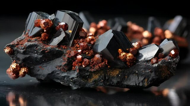Striking mineral specimen featuring black crystals and small red garnet crystals resting on a textured surface.