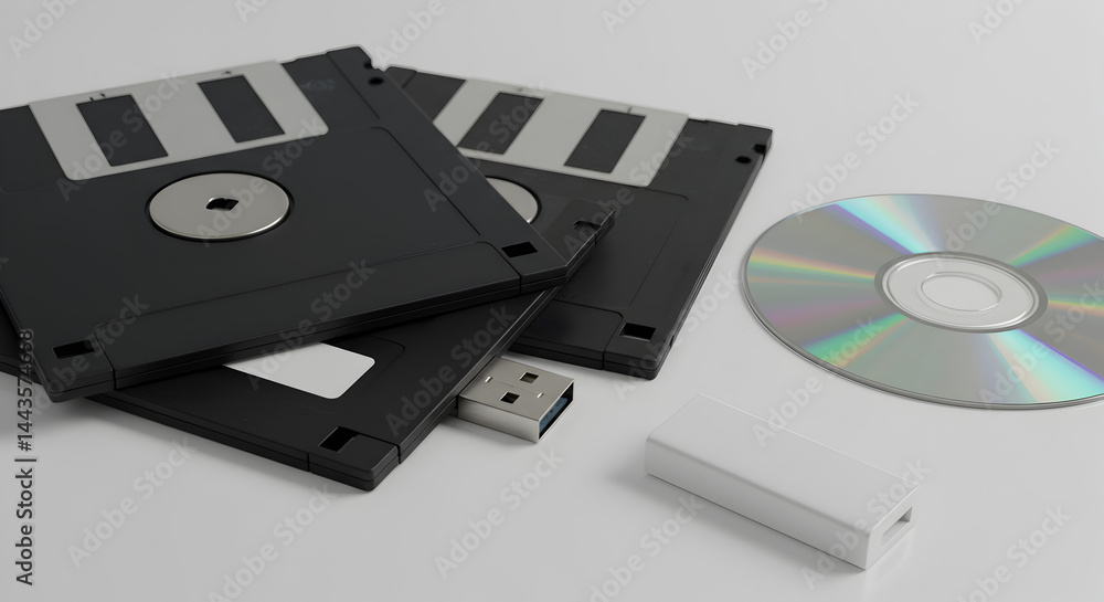 Poster black floppy disks with silver cd and white usb on white surface modern data storage technology digi