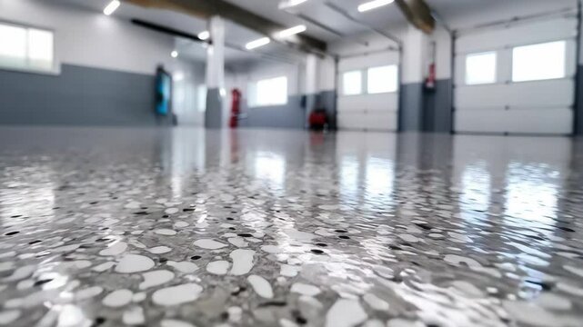 Epoxy resin flooring inside a warehouse or garage with a polished and seamless speckled surface and white industrial doors in the background