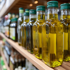 Bottles of olive oil lined up on a grocery shelf.