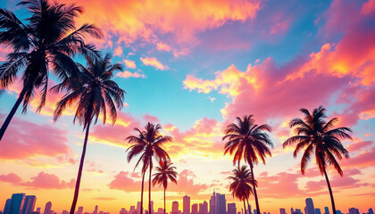Sunset over a tropical city skyline framed by palm trees and vibrant clouds