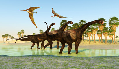 Brontomerus Dinosaur Swamp - Pteranodon flying reptiles fly over Brontomerus sauropod dinosaurs crossing a swamp. © Catmando