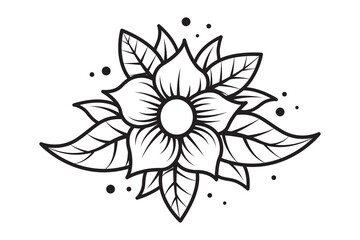 Line art illustration of a flower design in a decorative style including leaves and accent dots. Suitable for creative designs, coloring projects, and minimalist templates.