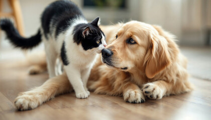Cat and dog share a moment of friendship in cozy indoor setting during daytime