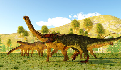 Giganotosaurus attacks Uberabatitan - A Uberbatitan sauropod dinosaur herd comes under attack from a Giganotosaurus theropod dinosaur during the Cretaceous period. © Catmando
