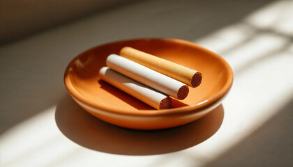 Cigarettes resting in a terracotta dish illuminated by warm sunlight in a cozy indoor space