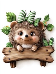 A 3D vintage wooden carved wall shelf, front view, spring season, a wooden sign perched with a brown cute baby hedgehog, it has big eyes, a green and white striped bow on its head, there are green