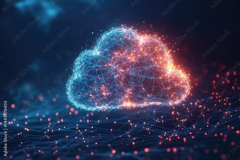 Poster Digital cloud structure with bright particles on dark background. Useful for cloud computing, data transfer, and cyber network themes
