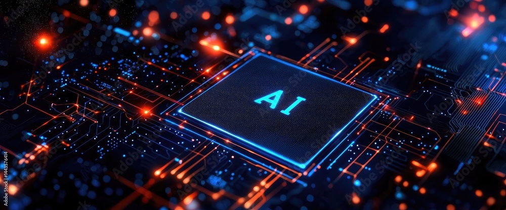 Poster AI chip glowing with orange and blue circuits. Ideal for artificial intelligence, tech development, or innovation themed graphics