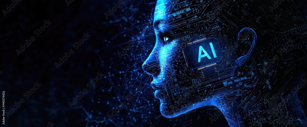 Aufkleber Profile view of digital human head with AI circuits. Great for artificial intelligence, neural networks, or futuristic tech topics
