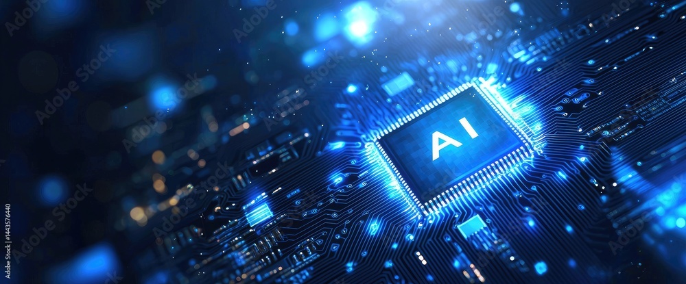 Poster ai chip with blue neon lights and detailed circuits. useful for machine learning, artificial intelli