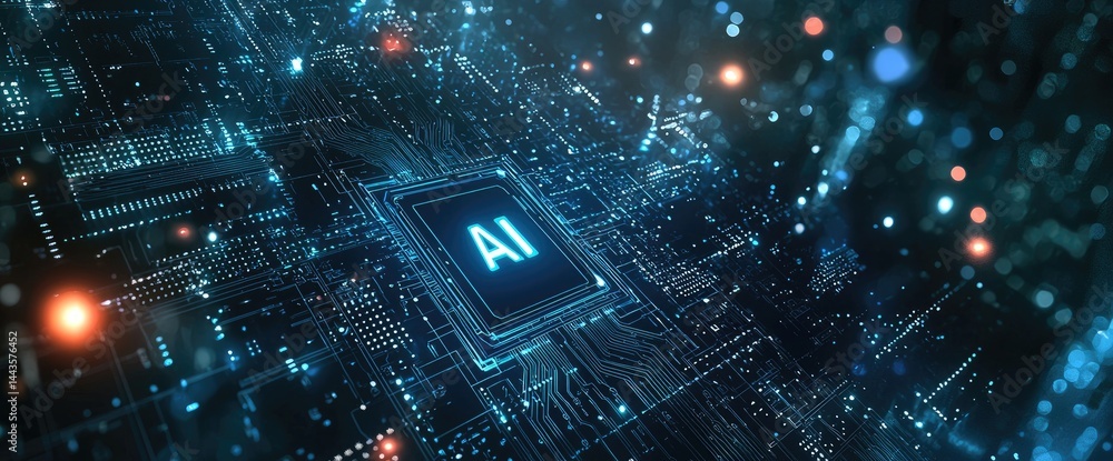 Poster Circuit board design with central glowing AI chip. Perfect for AI research, neural network, machine learning or big data visuals