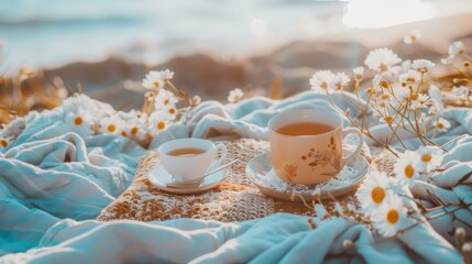 Cozy Morning Tea Outdoors with Flowers and Soft Blankets