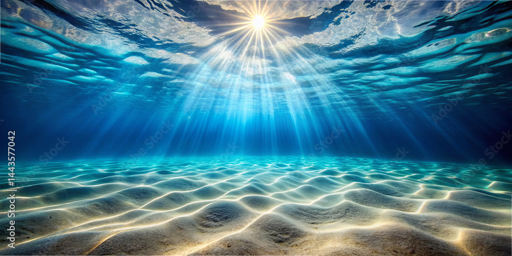 Poster sunlight streams through the water, creating a serene atmosphere over the sandy ocean floor. gentle 