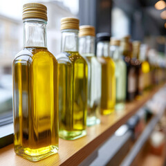 Line of olive oil bottles on a wooden shelf near window.