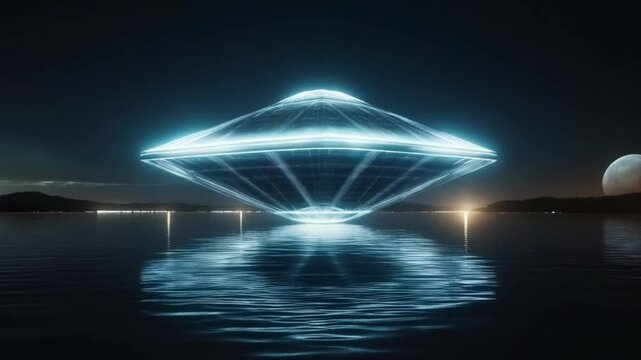 UFO Hovering Over Calm Waters, Mysterious Night, Reflecting Extraterrestrial Presence