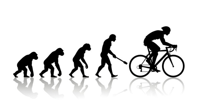 Evolutionary Stages Depicting Transformation of Ape to Cyclist in Black Silhouette on White Background
