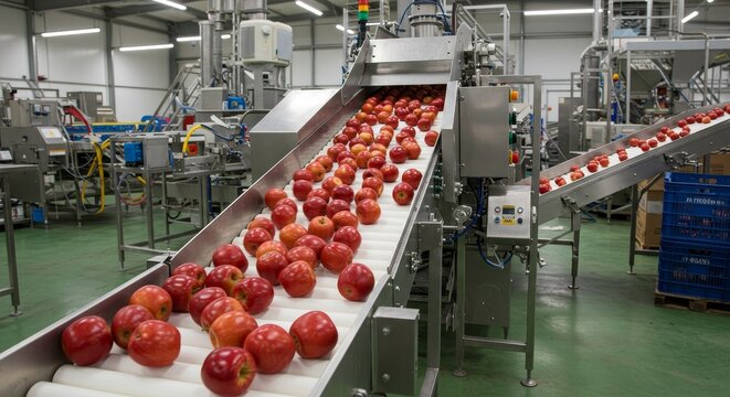 Apple Processing Plant Conveyor Belt - Red apples moving along a conveyor belt in a modern fruit processing plant. Clean, efficient food production
