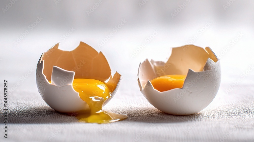Poster fresh broken eggshells with yellow yolks on a simple background